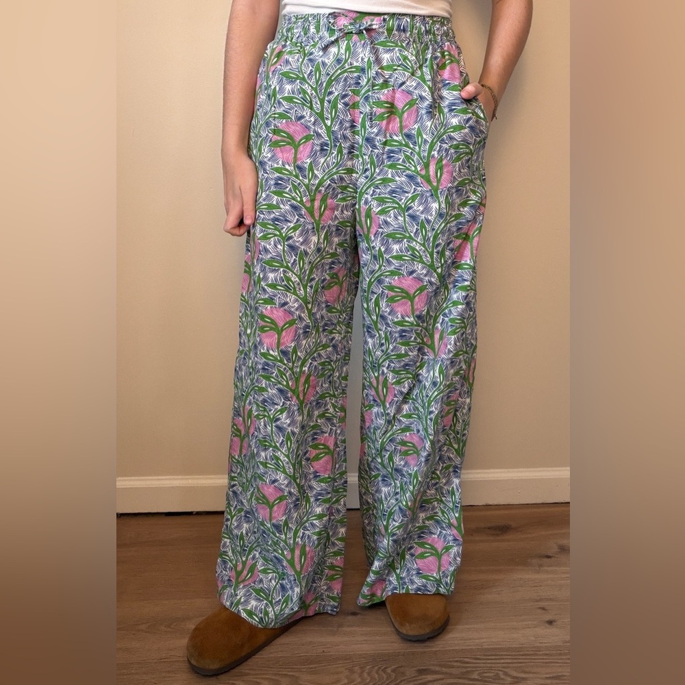 Floral wide leg 100% cotton high rise pants tropical resort vacation coastal SM